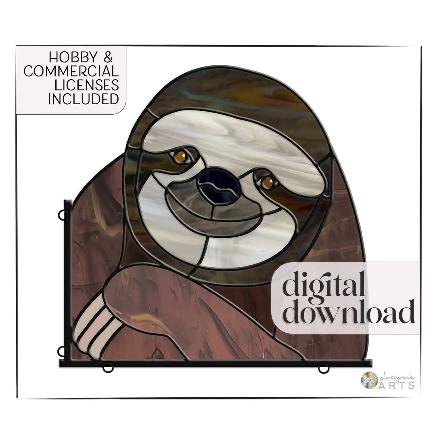 Happy Sloth Buddy Stained Glass Pattern by GlassyRock Arts showcases a smiling sloth amid earthy hues. Includes text: Hobby & Commercial Licenses Included and Digital Pattern Download..