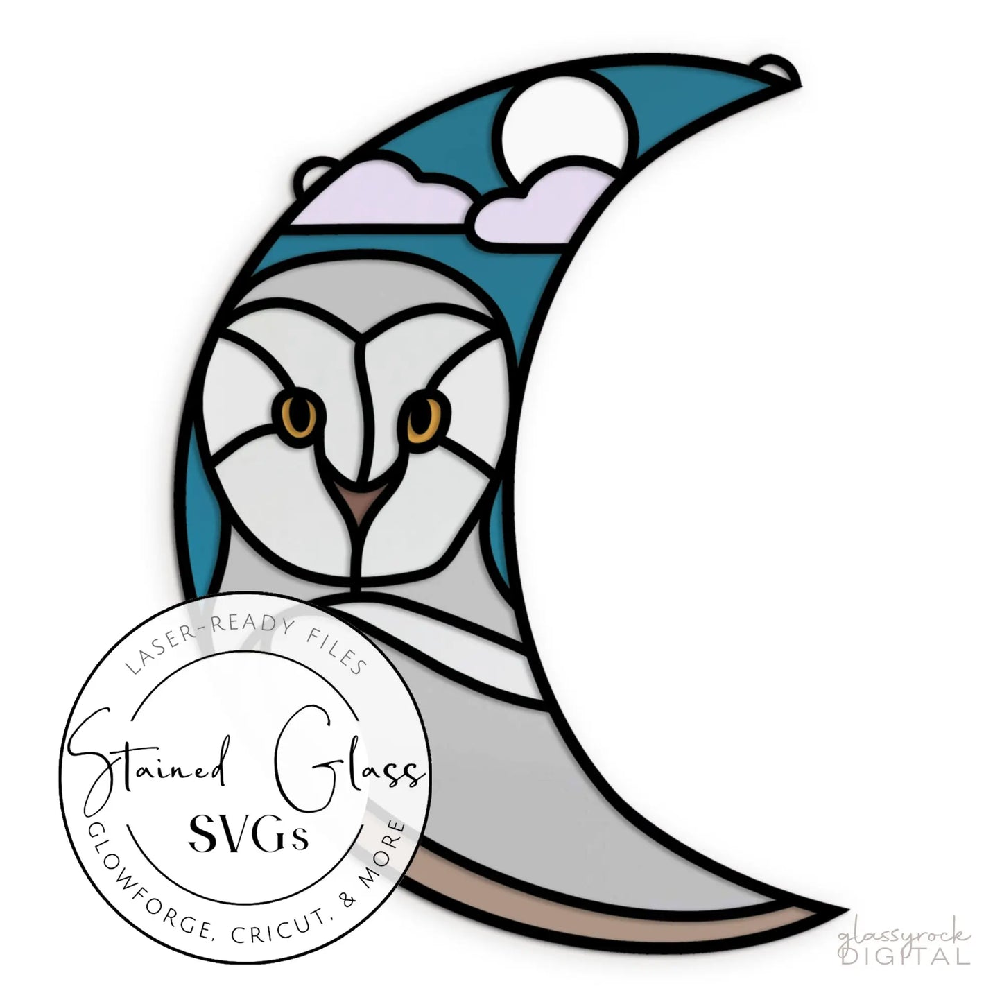 Illustration of a snowy owl on a crescent moon, blended with clouds and a sun. Circular label: Snowy Owl Crescent Moon SVGs, Laser-Ready Files, Glowforge, Cricut, & More. Ideal for digital download or laser cutting.