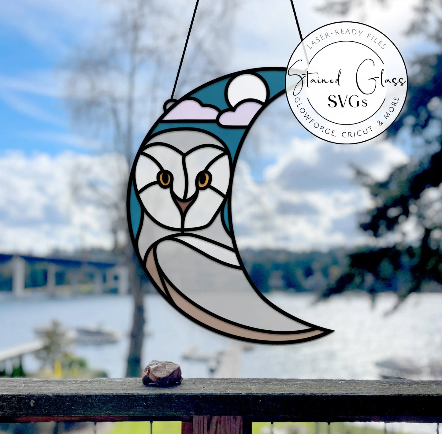 A stained glass art piece for the porch shows a snowy owl in a crescent moon with a lake, boats, and distant bridge. Text in the corner notes Snowy Owl Crescent Moon SVGs, available as digital downloads.