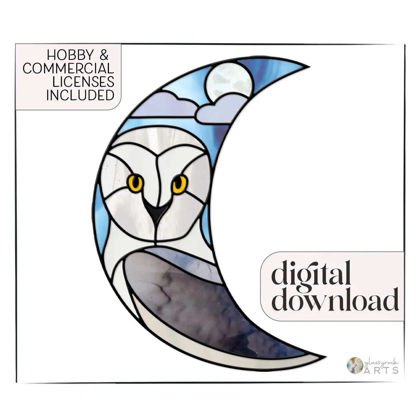 Explore the Crescent Moon Snowy Owl Stained Glass Pattern, showcasing a captivating design with an owls striking yellow eyes amidst blue hues and clouds. Ideal for digital download, it includes Hobby & Commercial Licenses for versatile use.