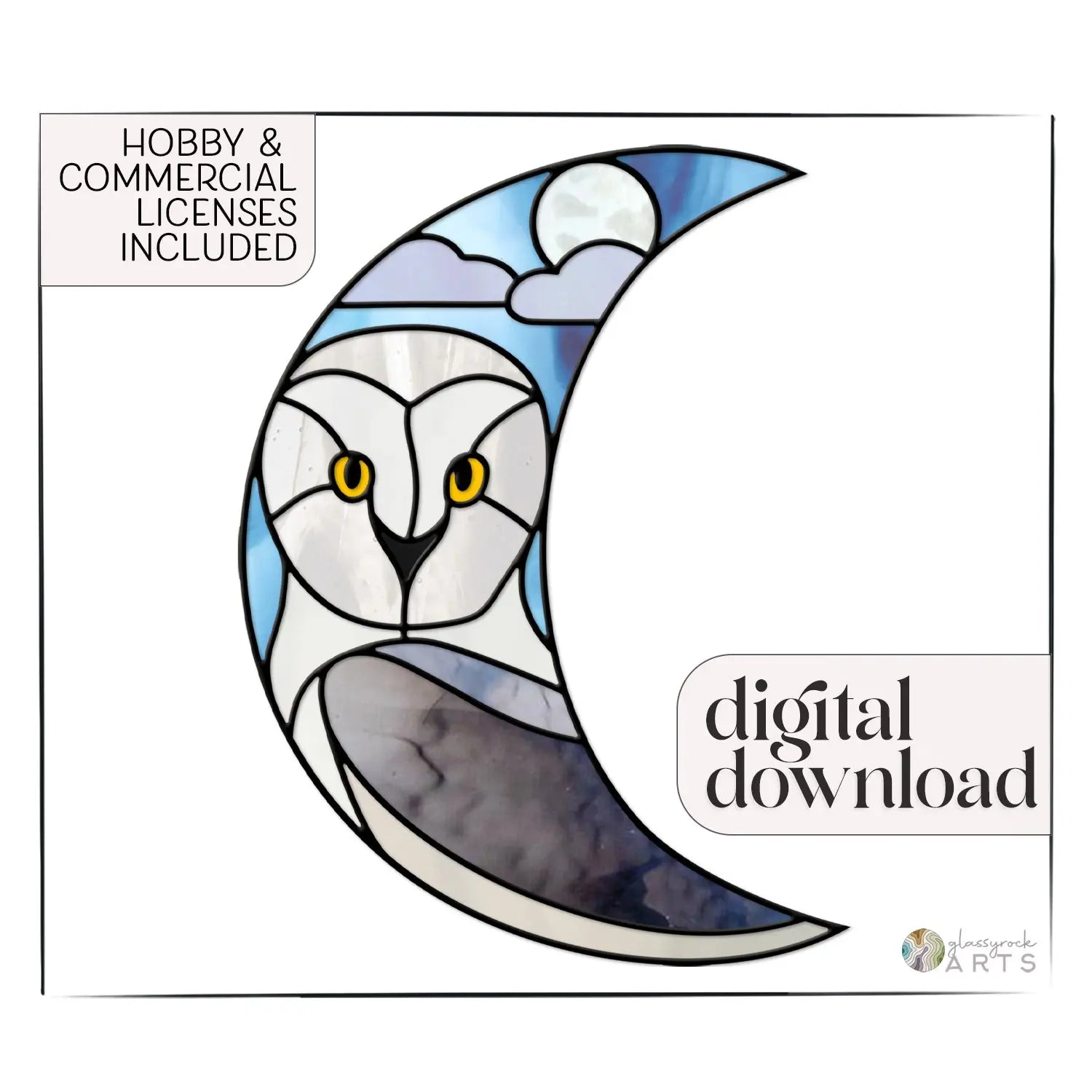Explore the Crescent Moon Snowy Owl Stained Glass Pattern, showcasing a captivating design with an owls striking yellow eyes amidst blue hues and clouds. Ideal for digital download, it includes Hobby & Commercial Licenses for versatile use.