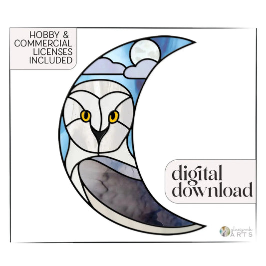 Explore the Crescent Moon Snowy Owl Stained Glass Pattern, showcasing a captivating design with an owls striking yellow eyes amidst blue hues and clouds. Ideal for digital download, it includes Hobby & Commercial Licenses for versatile use.