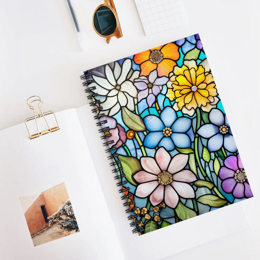 A picture of the Stained Glass Flowers Spiral Notebook from GlassyRock Arts.