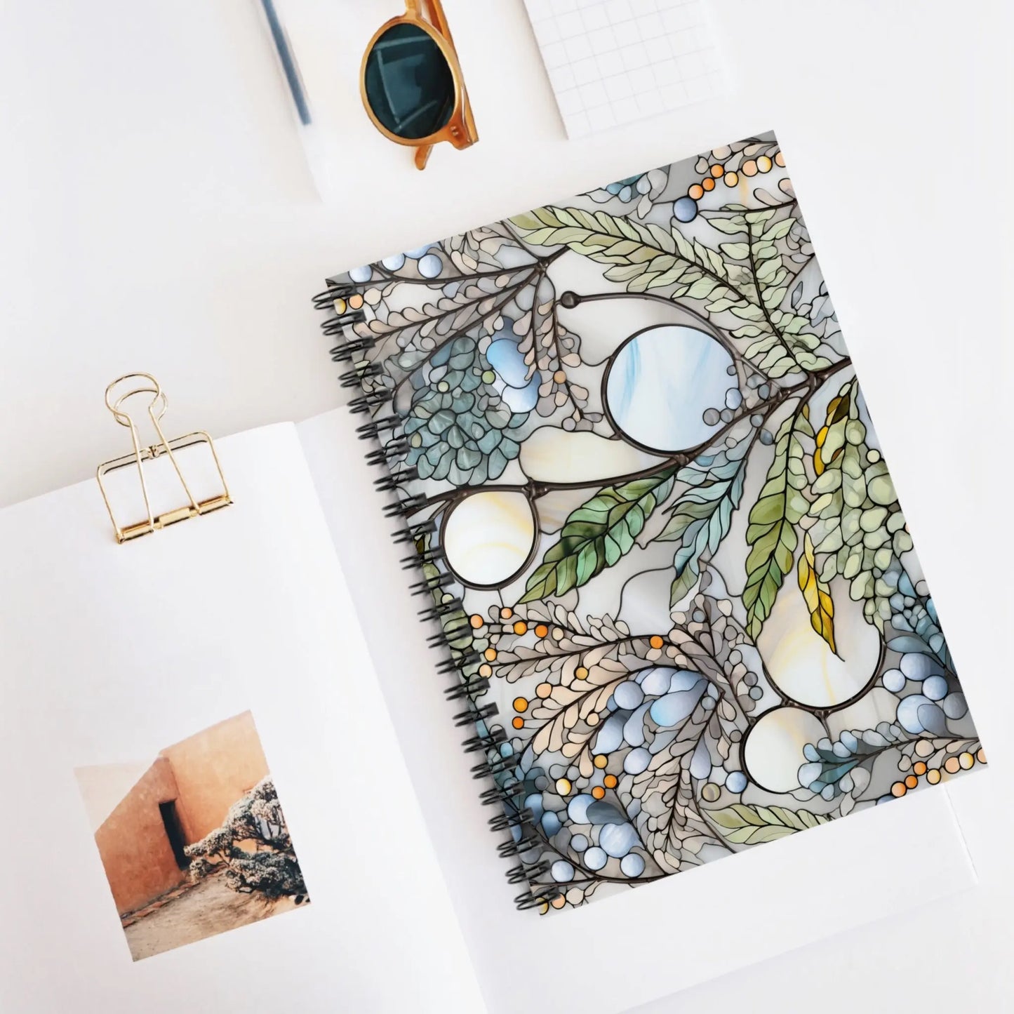 A picture of the Stained Glass Ferns Forest Lined Notebook from GlassyRock Arts.