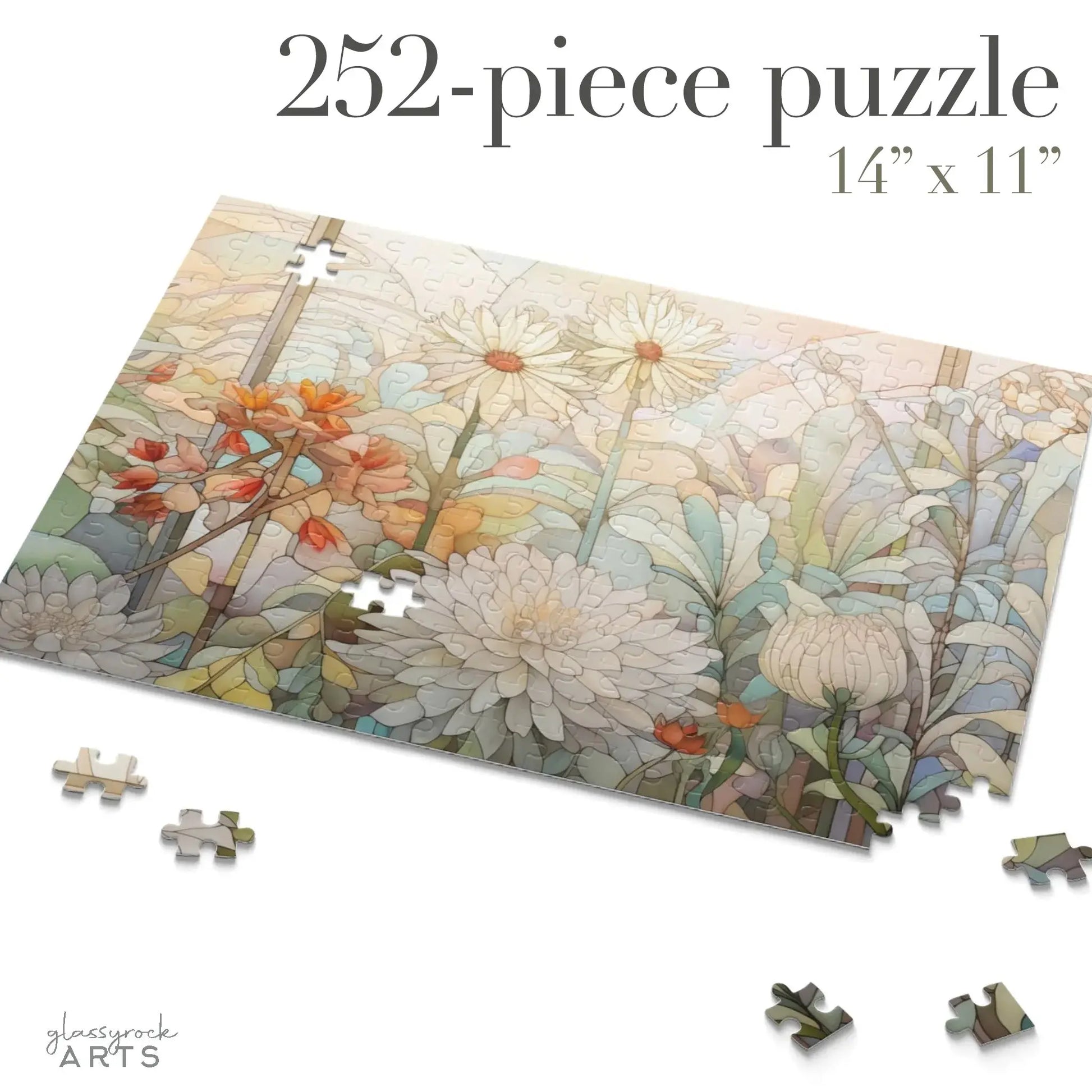 A partially completed 252-piece puzzle (14 x 11) depicts a stained glass-style garden with soft-colored daisies and chrysanthemums. Four pieces lie outside, titled Spring Botanicals Jigsaw Puzzle.