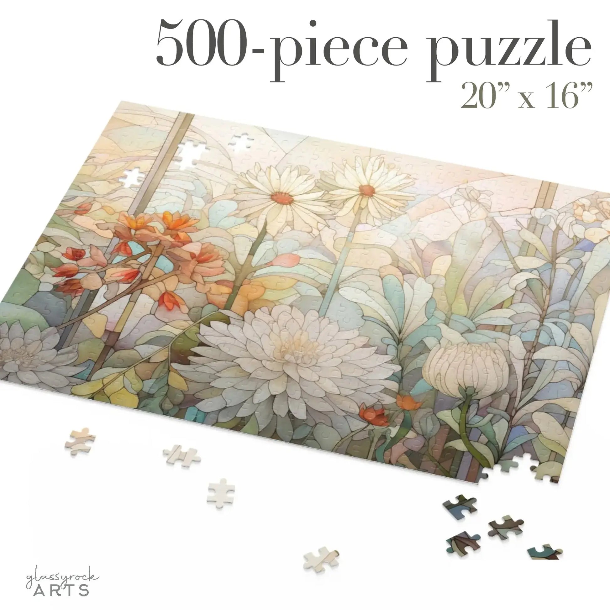 The Spring Botanicals Jigsaw Puzzle features a stained glass design with daisies and spring flowers in soft colors. This 500-piece, 20 x 16 puzzle is an ideal floral gift for mom and includes partially completed sections with some loose pieces.