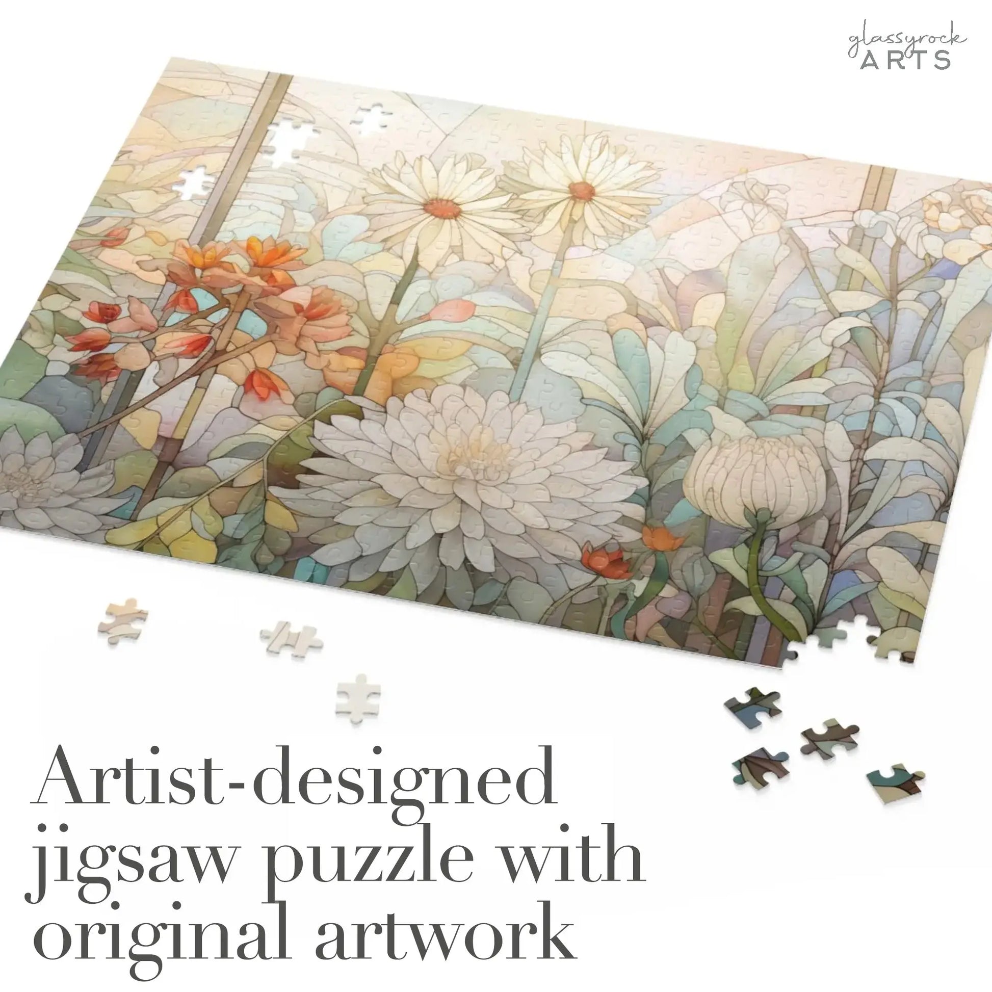 The Spring Botanicals Jigsaw Puzzle, featuring artist-designed floral artwork, displays white and orange blooms with lush green leaves. Some pieces are scattered, completing this perfect gift for mom.