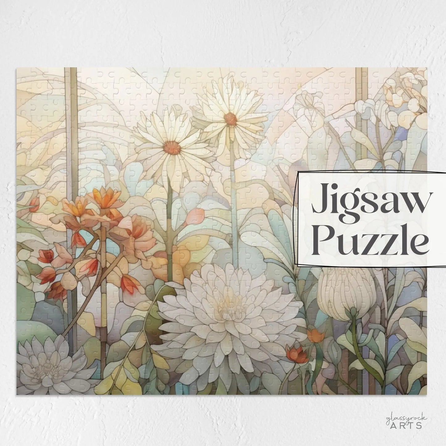 The Spring Botanicals Jigsaw Puzzle features a stained glass-inspired illustration of daisies, chrysanthemums, and other flowers in soft pastels. Its an ideal floral gift for mom, with Jigsaw Puzzle text on the right.