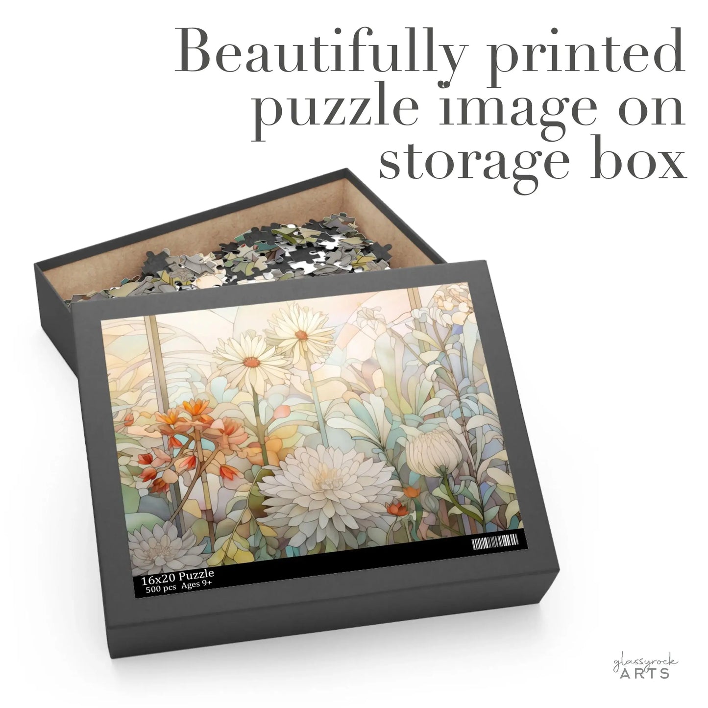 The Spring Botanicals Jigsaw Puzzle box features stunning floral artwork with daisies and poppies. Beautifully printed jigsaw puzzle image on storage box is displayed beside it, making it a perfect gift for mom.