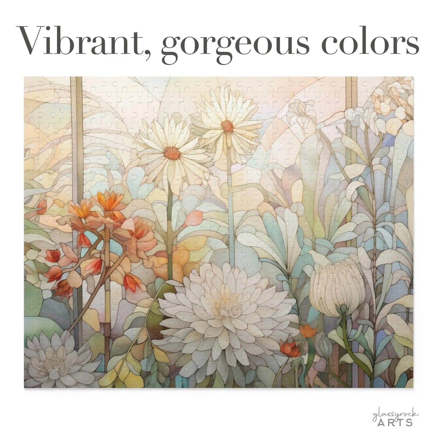 Delight in the Spring Botanicals Jigsaw Puzzle, featuring a lively floral scene with soft pastel flowers. The phrase Vibrant, gorgeous colors adorns the top, making it an ideal floral gift for mom.