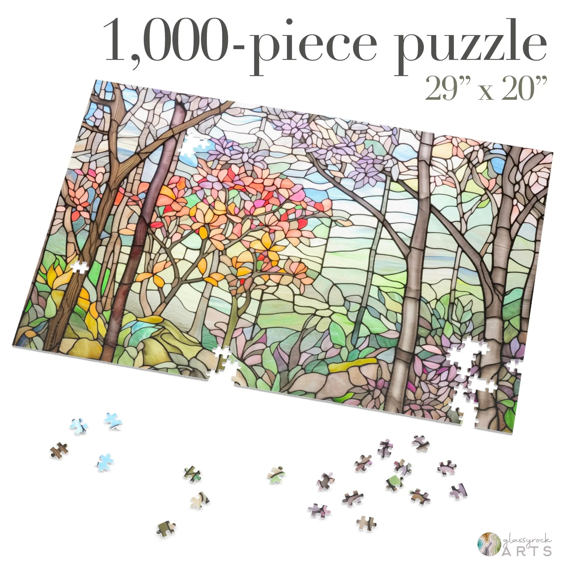 A picture of the Springtime Stained Glass Forest Jigsaw Puzzle from GlassyRock Arts.