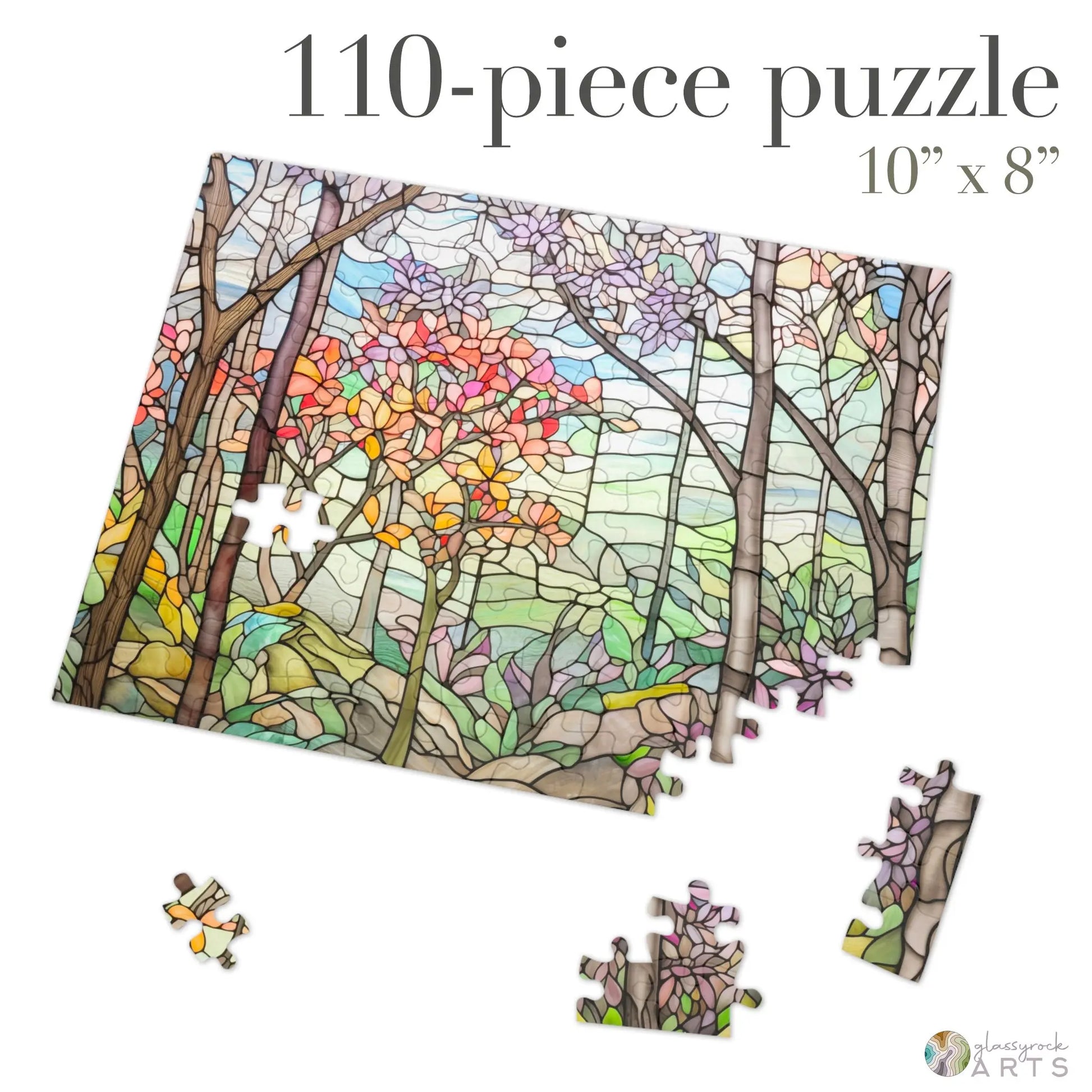 A picture of the Springtime Stained Glass Forest Jigsaw Puzzle from GlassyRock Arts.