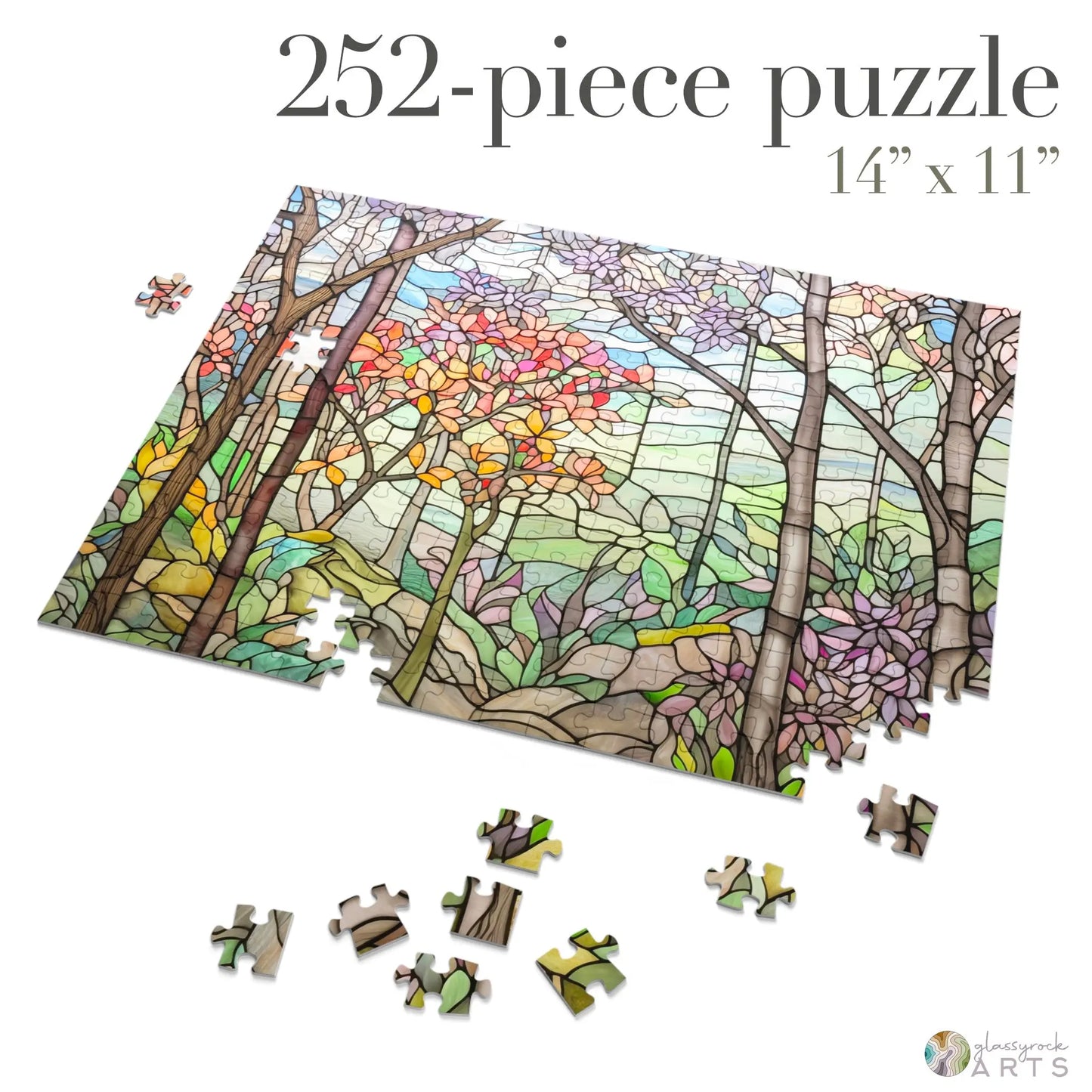 A picture of the Springtime Stained Glass Forest Jigsaw Puzzle from GlassyRock Arts.