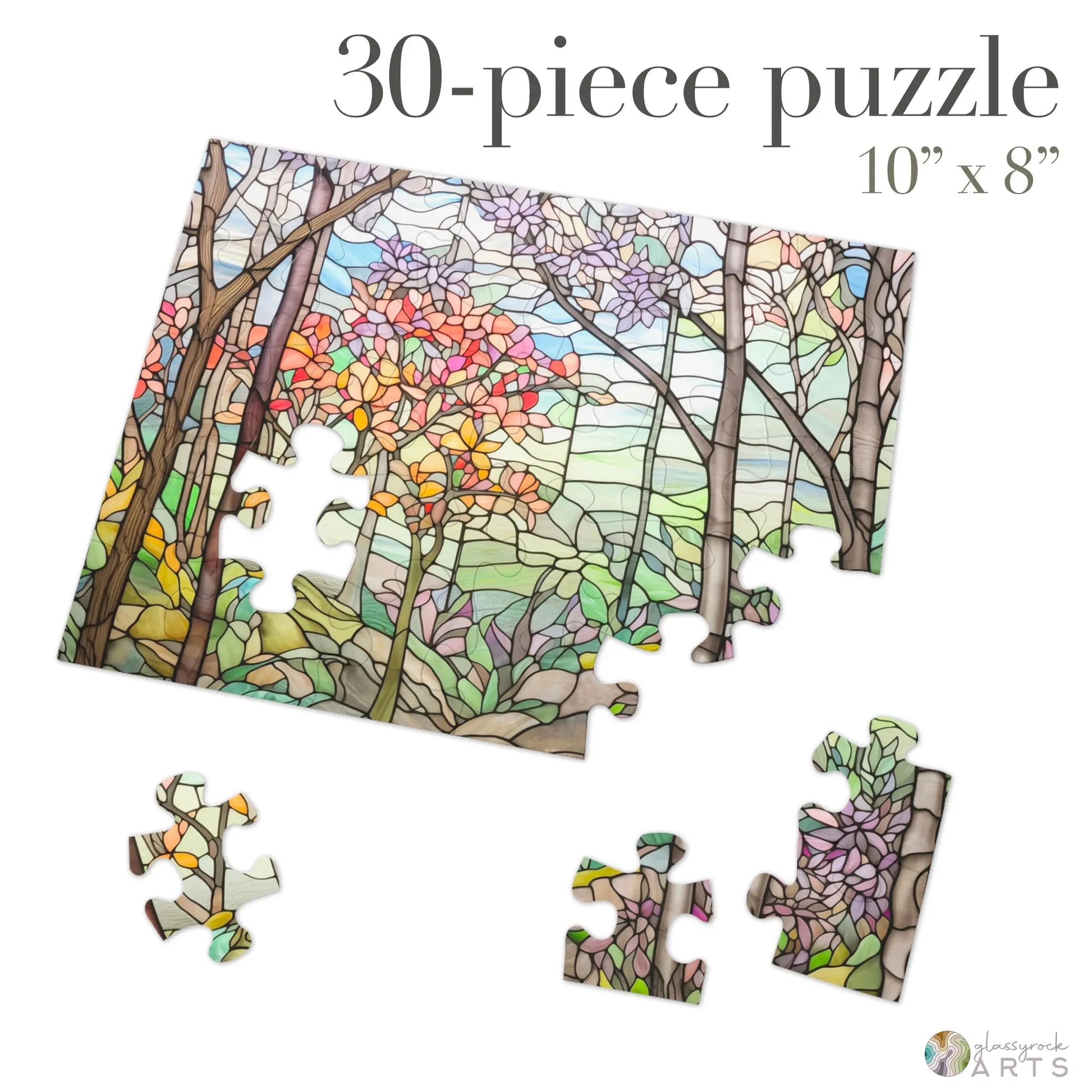 A picture of the Springtime Stained Glass Forest Jigsaw Puzzle from GlassyRock Arts.