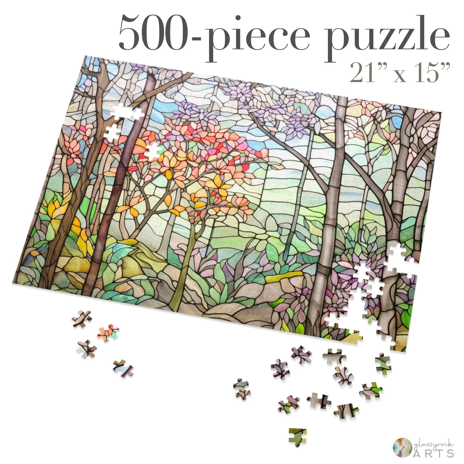 A picture of the Springtime Stained Glass Forest Jigsaw Puzzle from GlassyRock Arts.