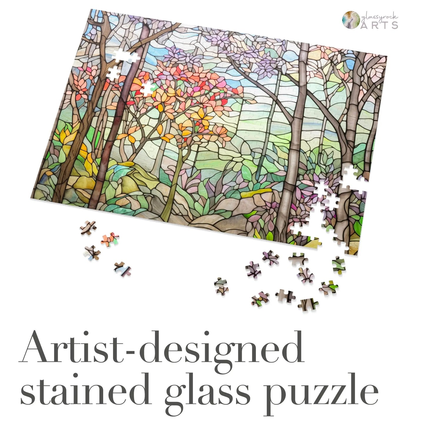 A picture of the Springtime Stained Glass Forest Jigsaw Puzzle from GlassyRock Arts.