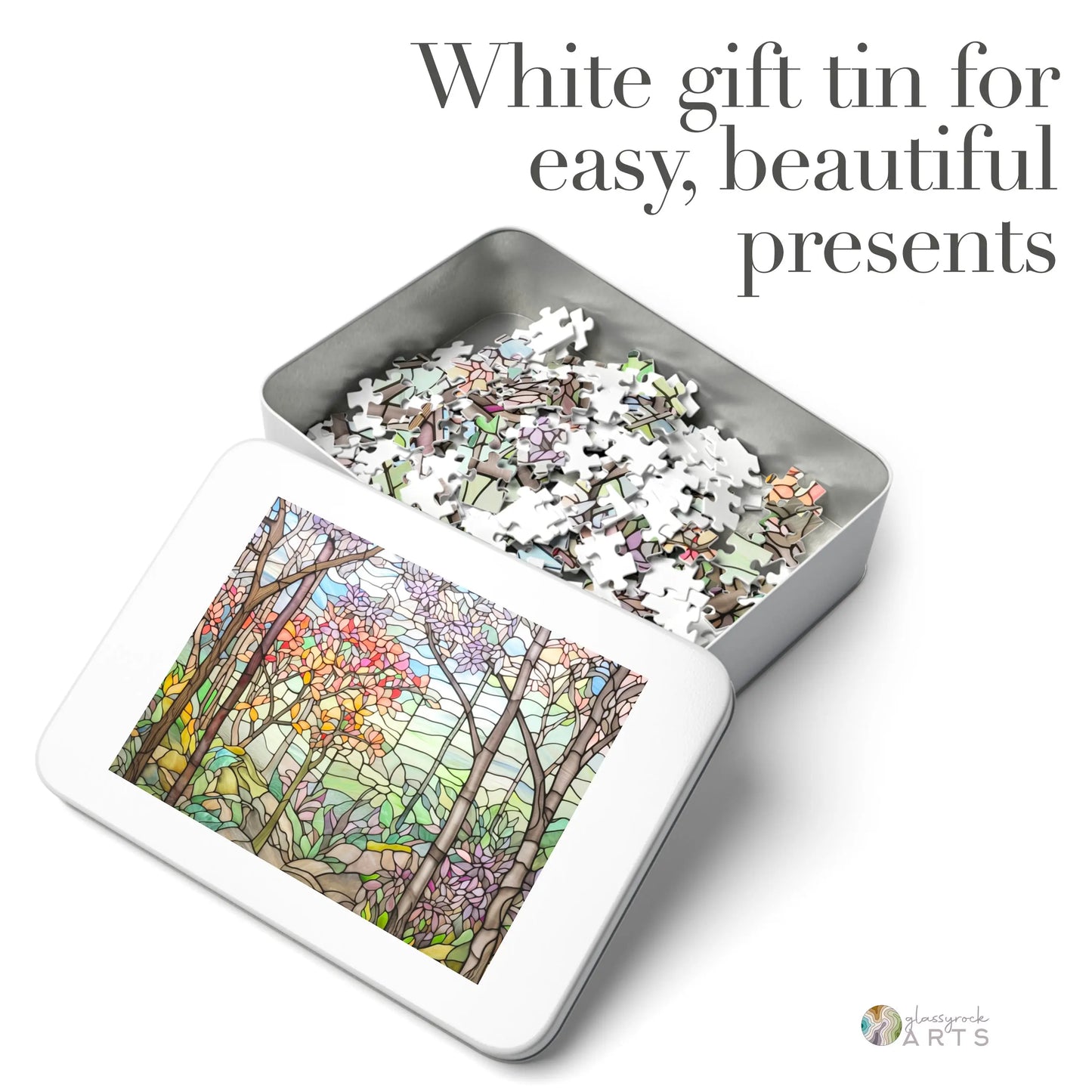 A picture of the Springtime Stained Glass Forest Jigsaw Puzzle from GlassyRock Arts.