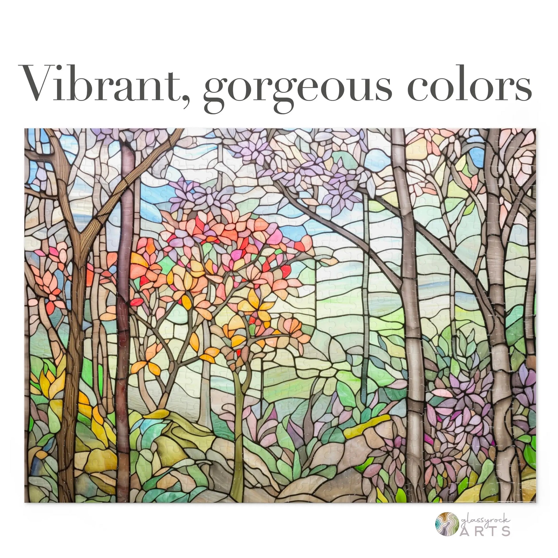 A picture of the Springtime Stained Glass Forest Jigsaw Puzzle from GlassyRock Arts.