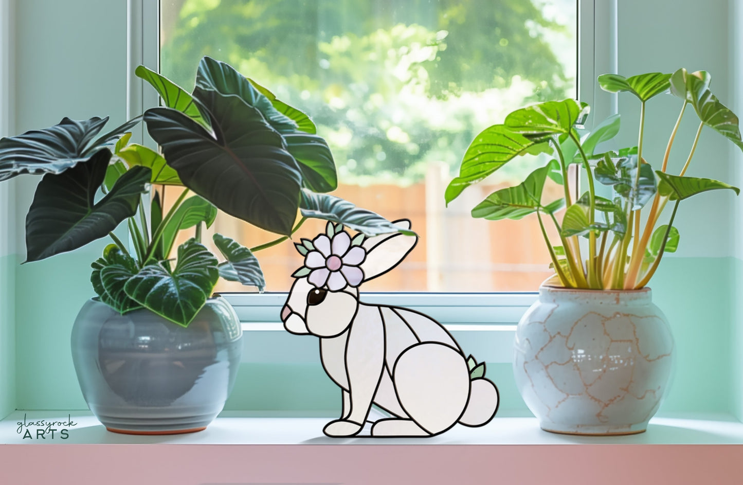 A Spring Rabbit Bunny Stained Glass Rabbit with a flower crown sits between two light blue potted plants on a windowsill. Sunlight filters through, casting soft shadows that complement the lush green foliage, perfectly framing this charming spring suncatcher.
