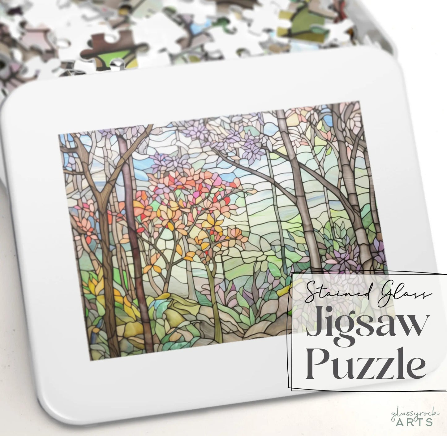 A picture of the Springtime Stained Glass Forest Jigsaw Puzzle from GlassyRock Arts.
