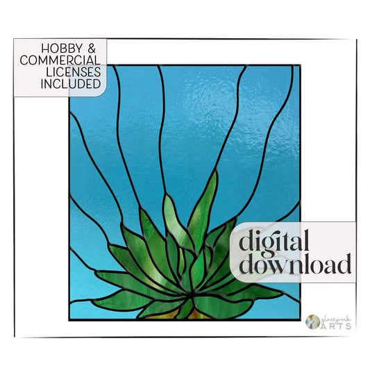The Gasteria Succulent Stained Glass Panel Pattern showcases a green leaf design resembling succulents over a blue and gray geometric background. It includes text: Hobby & Commercial Licenses Included at the top left, and digital download at the bottom right.