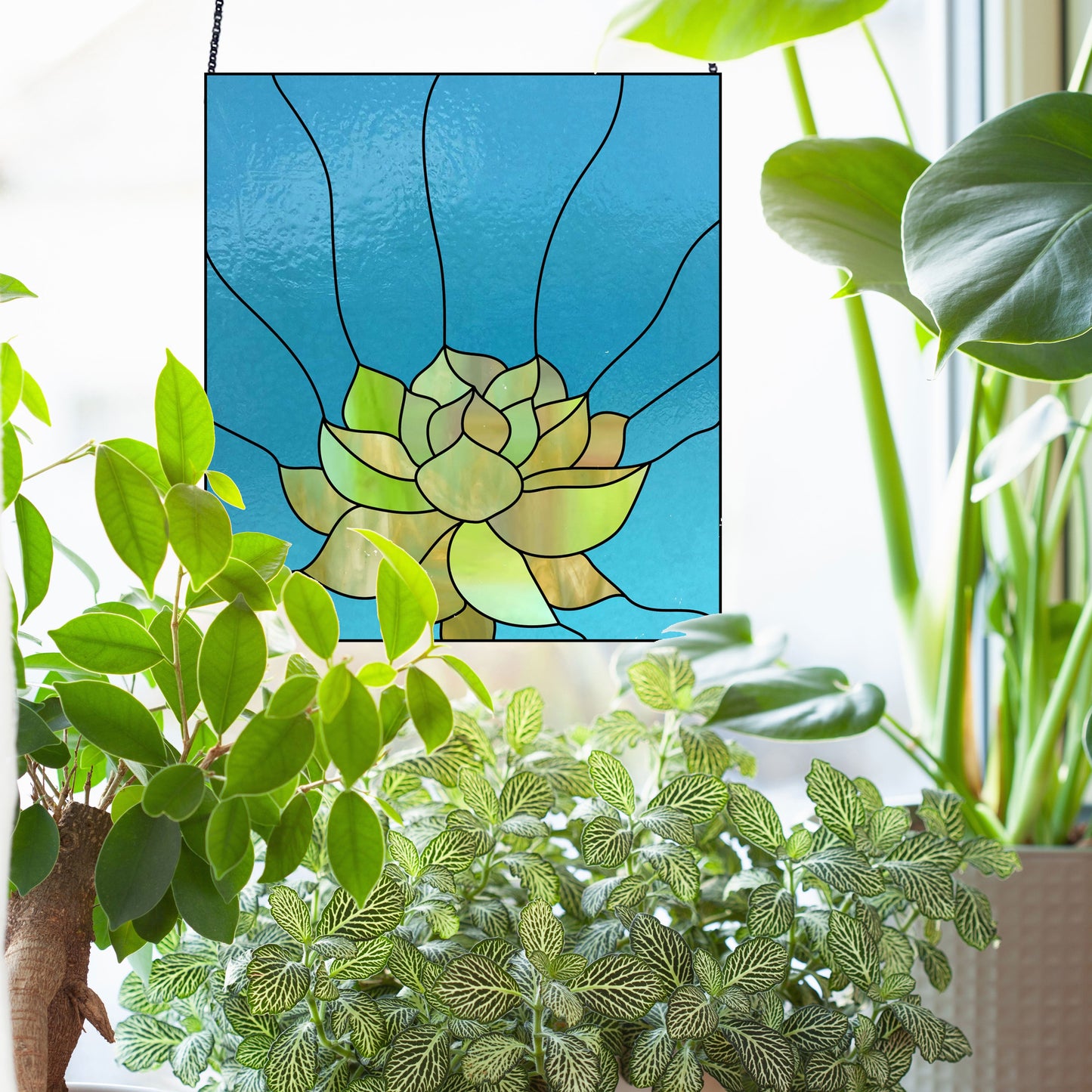 A Stained Glass Succulent Panel Pattern, featuring a yellow-green succulent on a blue background, hangs by the window amid vibrant potted plants. Ideal for enthusiasts seeking unique designs or commercial license opportunities for their art collection.