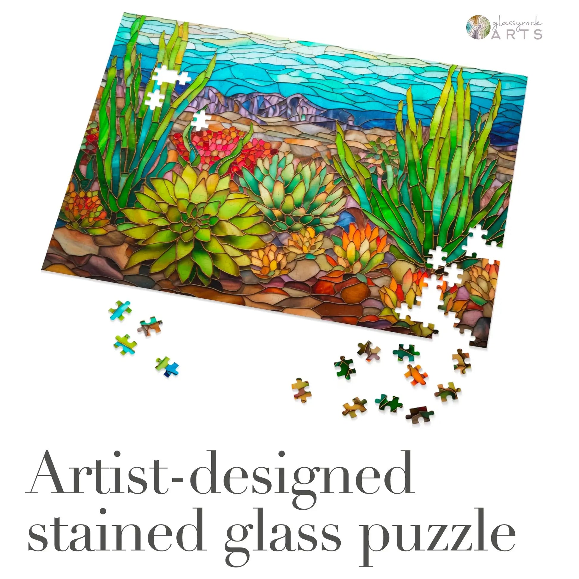 The Stained Glass Succulents Jigsaw Puzzle features a vibrant desert landscape with cacti and succulents. Its an artist-designed gem, perfect for those seeking unique, gift-ready puzzles that captivate and delight.