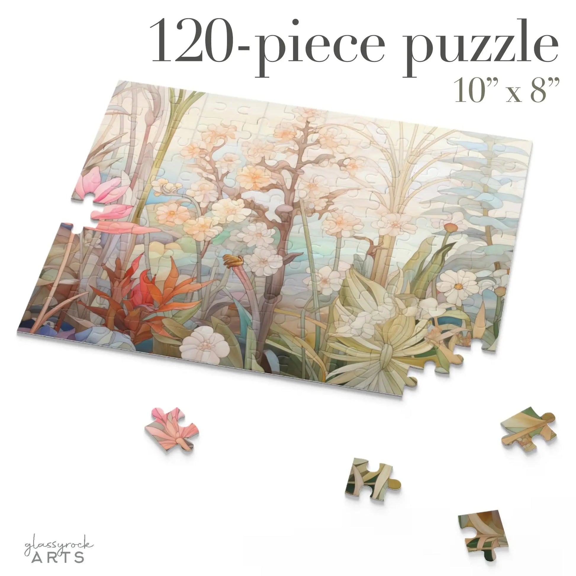 The Summer Botanicals Jigsaw Puzzle, a 120-piece set measuring 10 x 8, is perfect for puzzle lovers. It showcases a vibrant garden scene with colorful flowers and foliage, hinting at the blossoming beauty of this floral gift waiting to be completed.