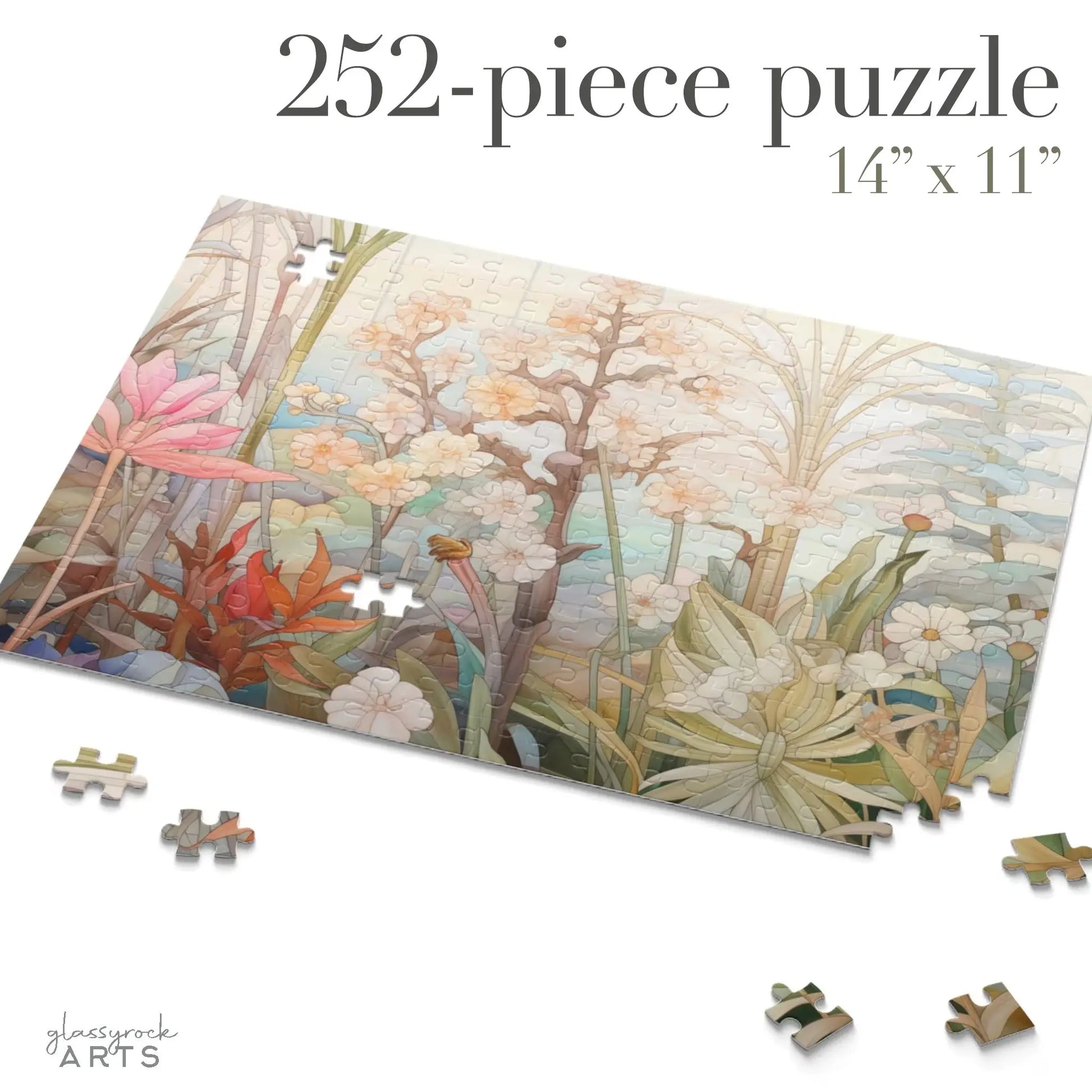 Ideal for puzzle enthusiasts, the Summer Botanicals Jigsaw Puzzle is a partially completed 252-piece set featuring an artistic scene with pastel flowers and foliage. With scattered pieces adding charm, it makes a delightful floral gift. Dimensions: 14 x 11.