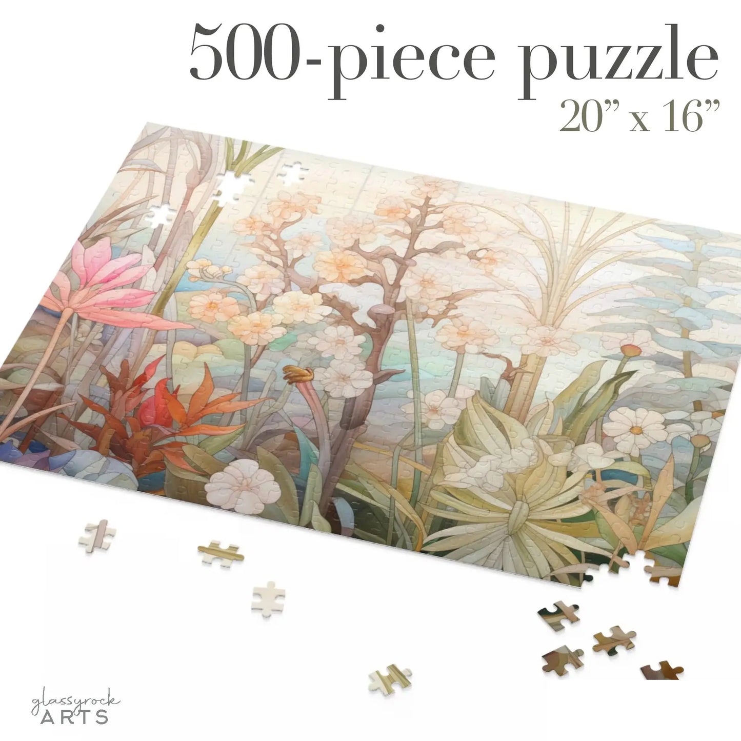 The partially completed Summer Botanicals Jigsaw Puzzle is a 500-piece, 20 x 16 art gift. Featuring a pastel floral scene with leaves and varied flowers, several pieces are scattered around the main image.