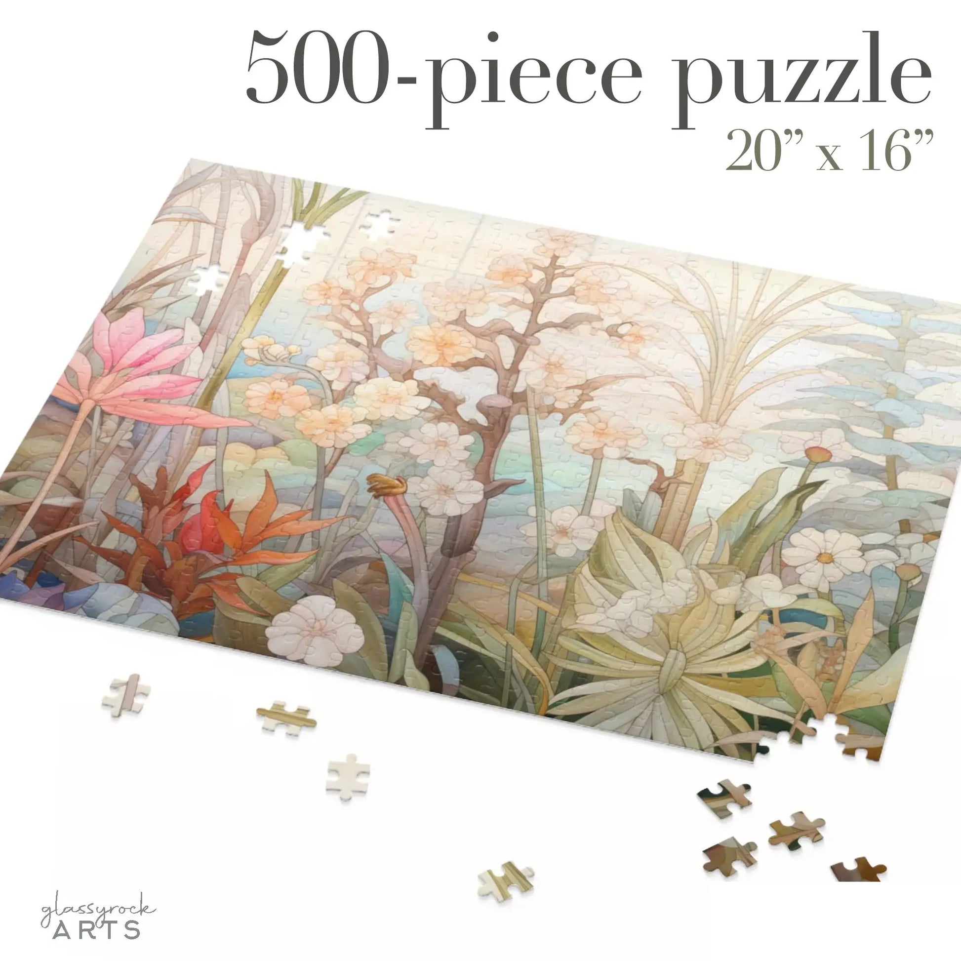 The partially completed Summer Botanicals Jigsaw Puzzle is a 500-piece, 20 x 16 art gift. Featuring a pastel floral scene with leaves and varied flowers, several pieces are scattered around the main image.