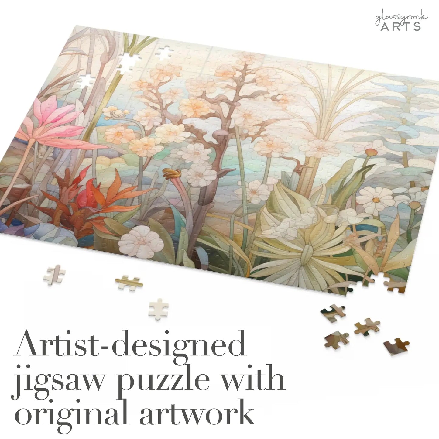 The Summer Botanicals Jigsaw Puzzle, showcasing vibrant botanical art with soft-colored flowers and plants, is an ideal floral gift for any puzzle lover. Scattered pieces surround the text: Artist-designed jigsaw puzzle with original artwork.