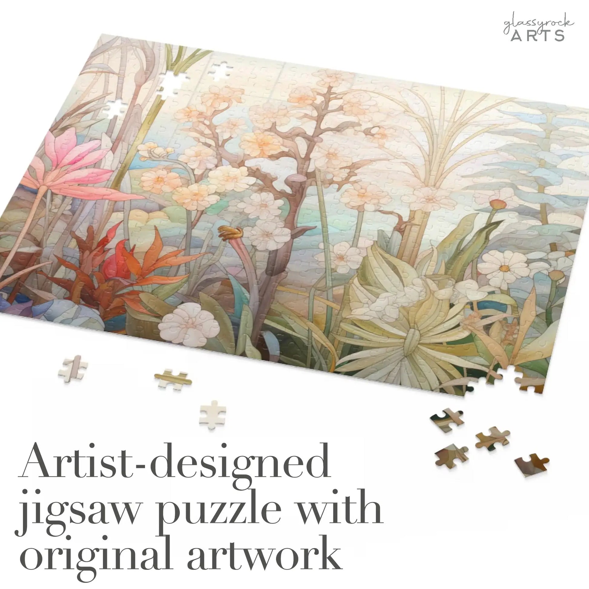 The Summer Botanicals Jigsaw Puzzle, showcasing vibrant botanical art with soft-colored flowers and plants, is an ideal floral gift for any puzzle lover. Scattered pieces surround the text: Artist-designed jigsaw puzzle with original artwork.