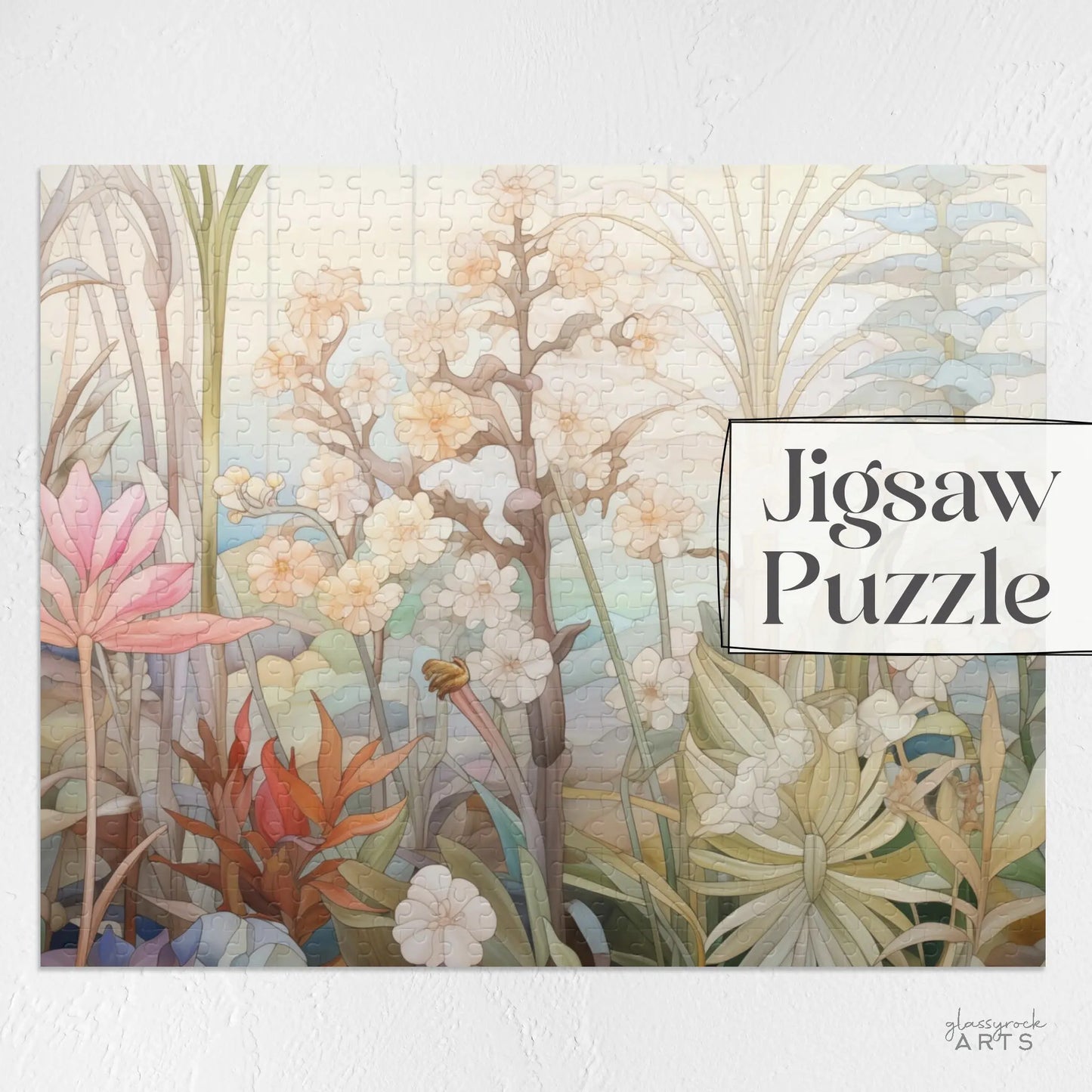 The Summer Botanicals Jigsaw Puzzle makes a great gift for puzzle lovers, featuring a serene garden scene with white flowers, lush green leaves, and light pink blooms. Its soft pastel colors enhance its charm and beauty.