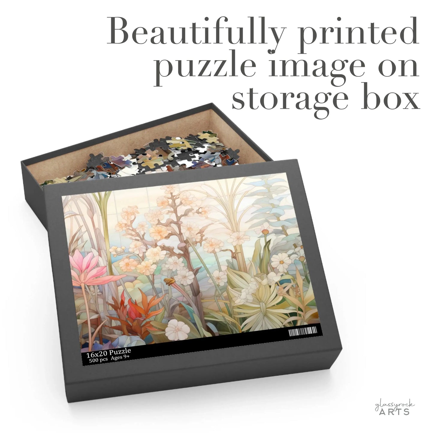 The Summer Botanicals Jigsaw Puzzle box displays a partially completed puzzle with intricate floral designs of pink, orange, and white flowers. The text reads Beautifully printed puzzle image on storage box, making it an ideal art gift for any puzzle lover.