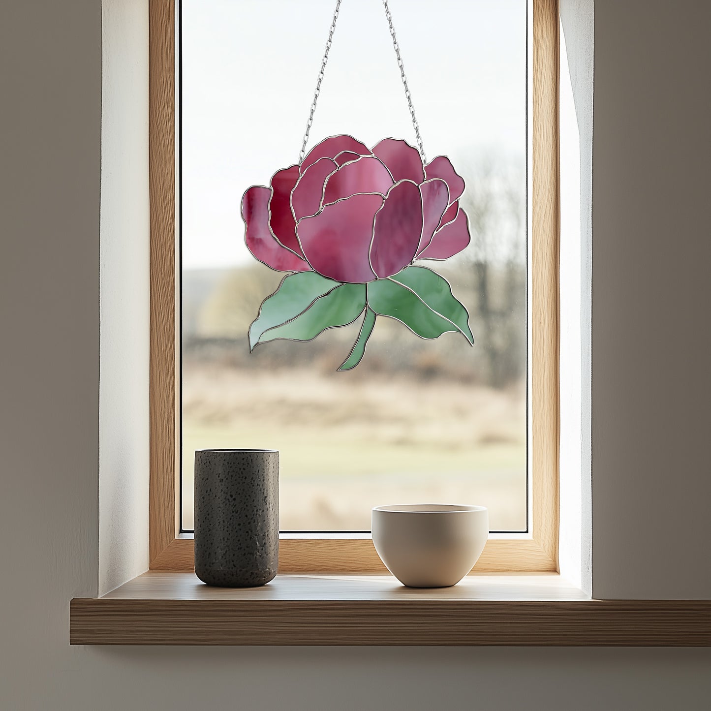A Summer Rose Stained Glass Pattern sun catcher hangs in the window, casting colorful light through its petals. Below, two ceramic cups—one gray and one white—sit on the sill with a blurred natural landscape outside.