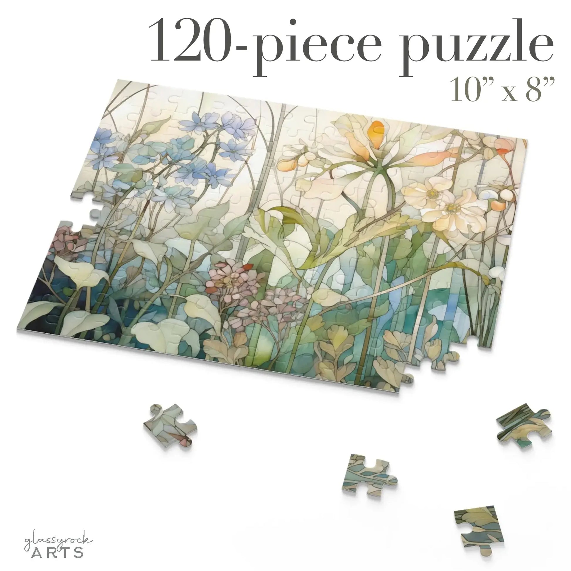 The Summer Wildflowers Jigsaw Puzzle is a 120-piece floral jigsaw featuring blue, white, and pink flowers with green stems and leaves. It measures 10x8 inches and comes with a few scattered pieces—ideal as a tranquil gift for puzzle enthusiasts.