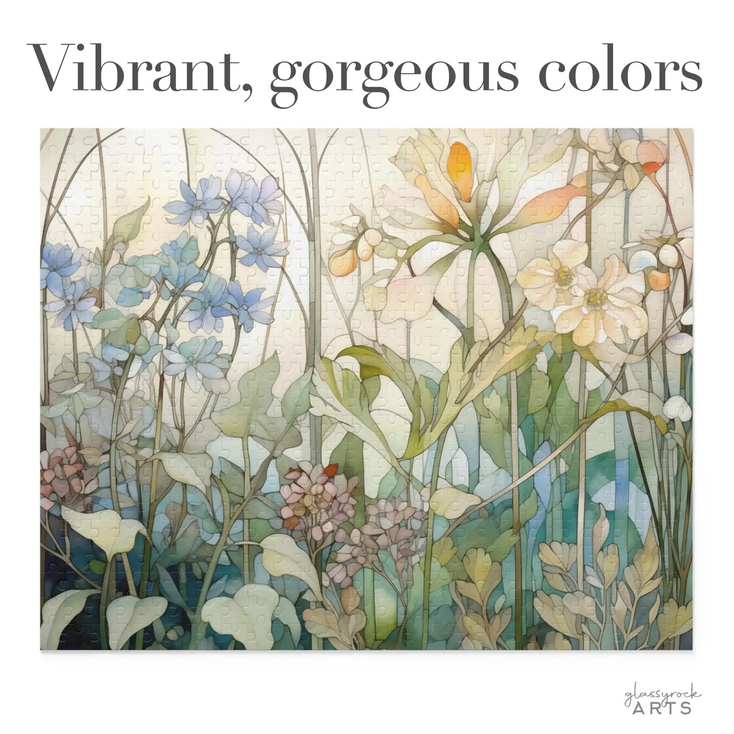 A completed Summer Wildflowers Jigsaw Puzzle showcases a watercolor-style illustration of summer wildflowers in shades of blue, green, and orange on a light background with the text Vibrant, gorgeous colors.