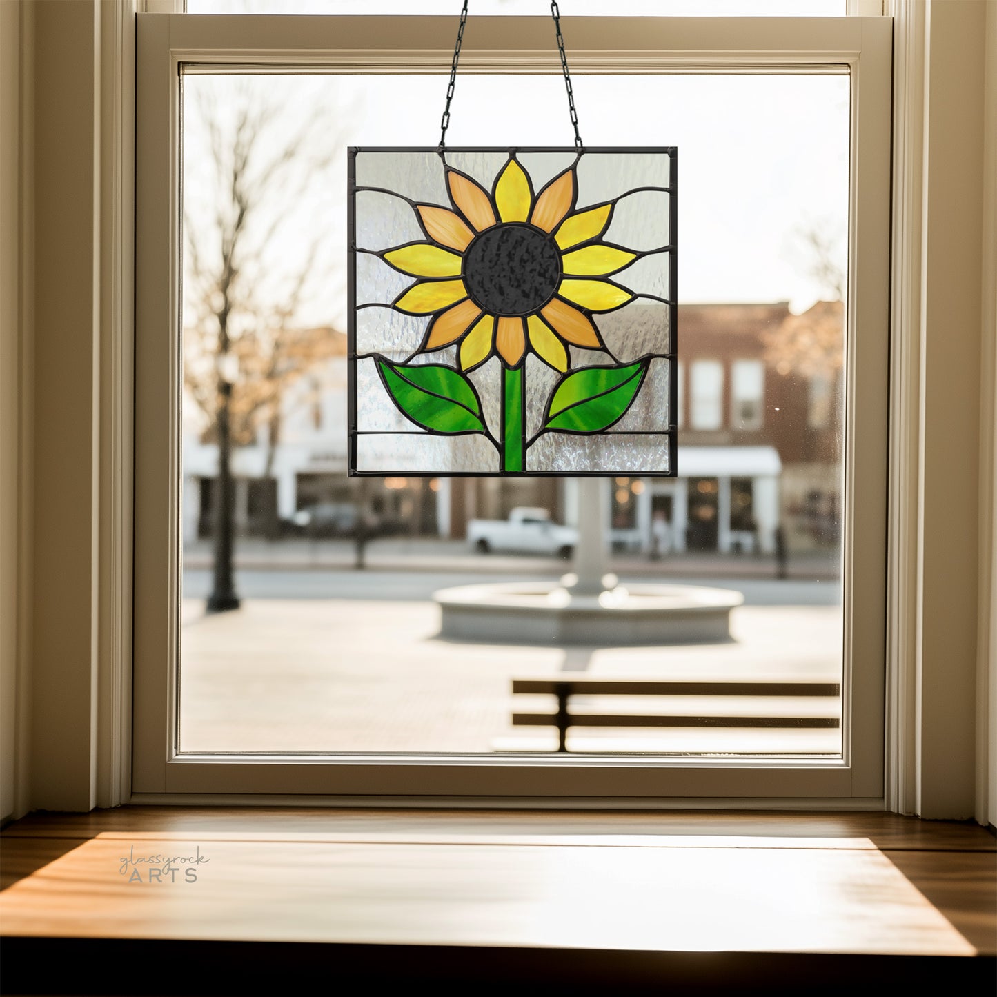 A picture of the Sunflower Stained Glass Christmas Ornament Patterns from GlassyRock Arts.
