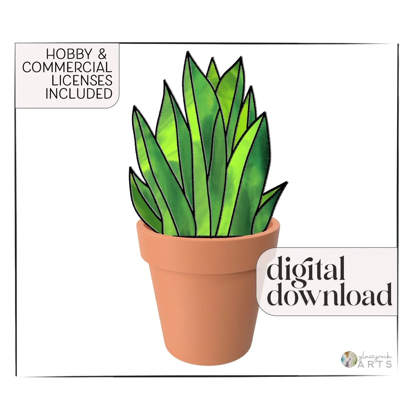 A digital illustration titled Plant Stem Stained Glass Pattern by Noelle Barnes/GlassyRock Arts features a vibrant green succulent in a brown terracotta pot. Accompanied by text reading Hobby & Commercial Licenses Included and digital download, the design is framed with a simple black border.