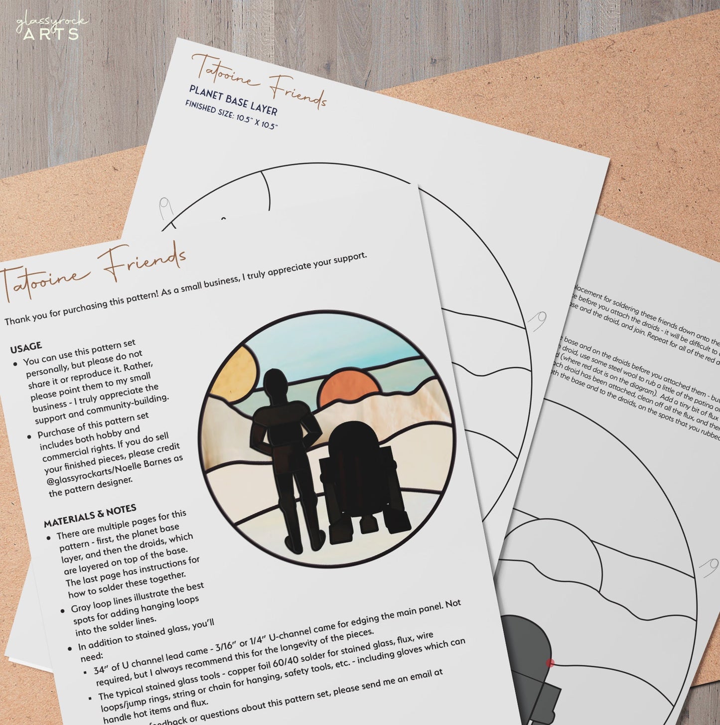 Explore the Tatooine Landscape Stained Glass Pattern, inspired by Tatooines dual sunsets. This printed craft pattern features two figures on a desert planet and includes usage instructions, material notes, illustrated outlines, and a completed design example.