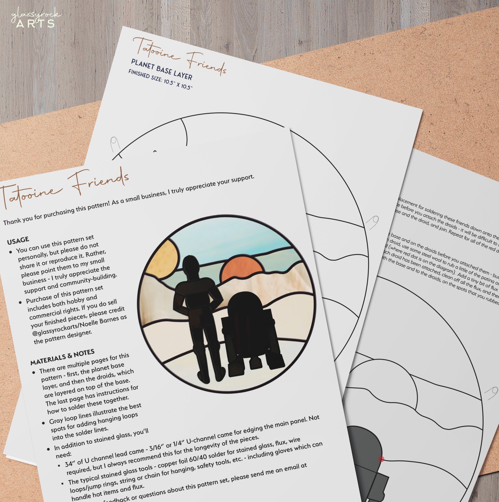 Explore the Tatooine Landscape Stained Glass Pattern, inspired by Tatooines dual sunsets. This printed craft pattern features two figures on a desert planet and includes usage instructions, material notes, illustrated outlines, and a completed design example.