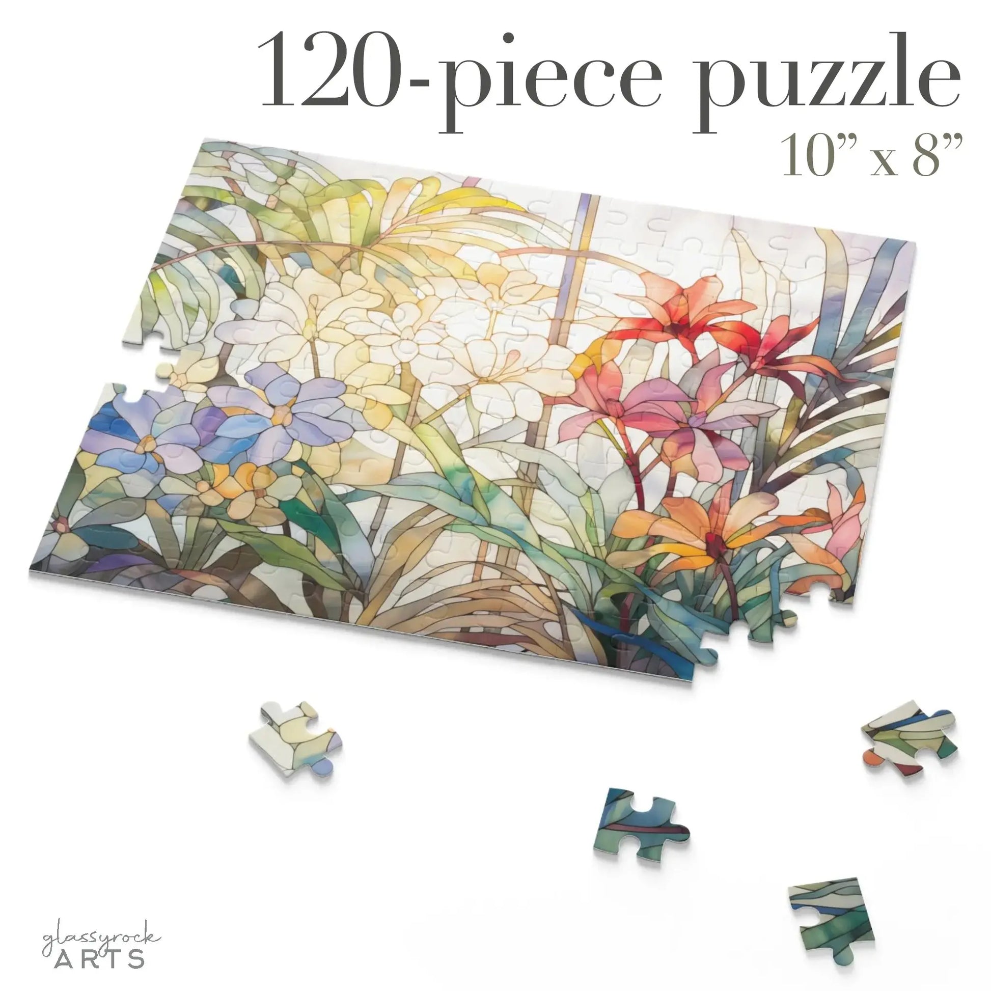 The 120-piece Tropical Blooms Jigsaw Puzzle showcases a vibrant floral scene with colorful flowers and green leaves. Measuring 10 x 8, it comes partially assembled with scattered pieces and displays size and piece count text, making it an ideal art gift for puzzle enthusiasts.