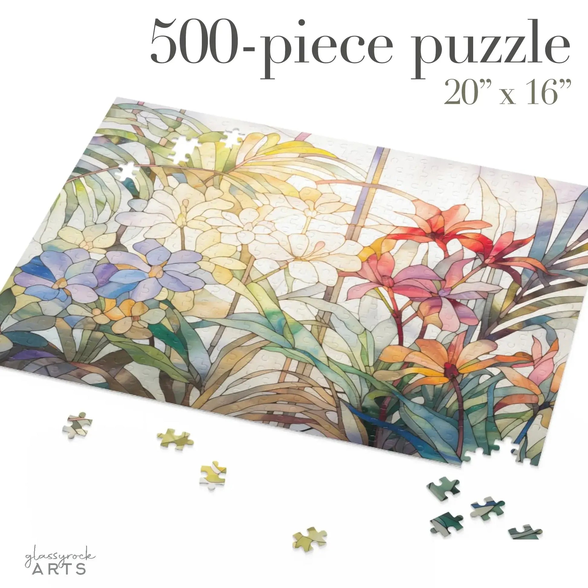The 500-piece Tropical Blooms Jigsaw Puzzle, featuring colorful blooms and green leaves on a light background, measures 20 x 16. With four pieces scattered around the artwork, this vibrant puzzle is an ideal gift for any art enthusiast.