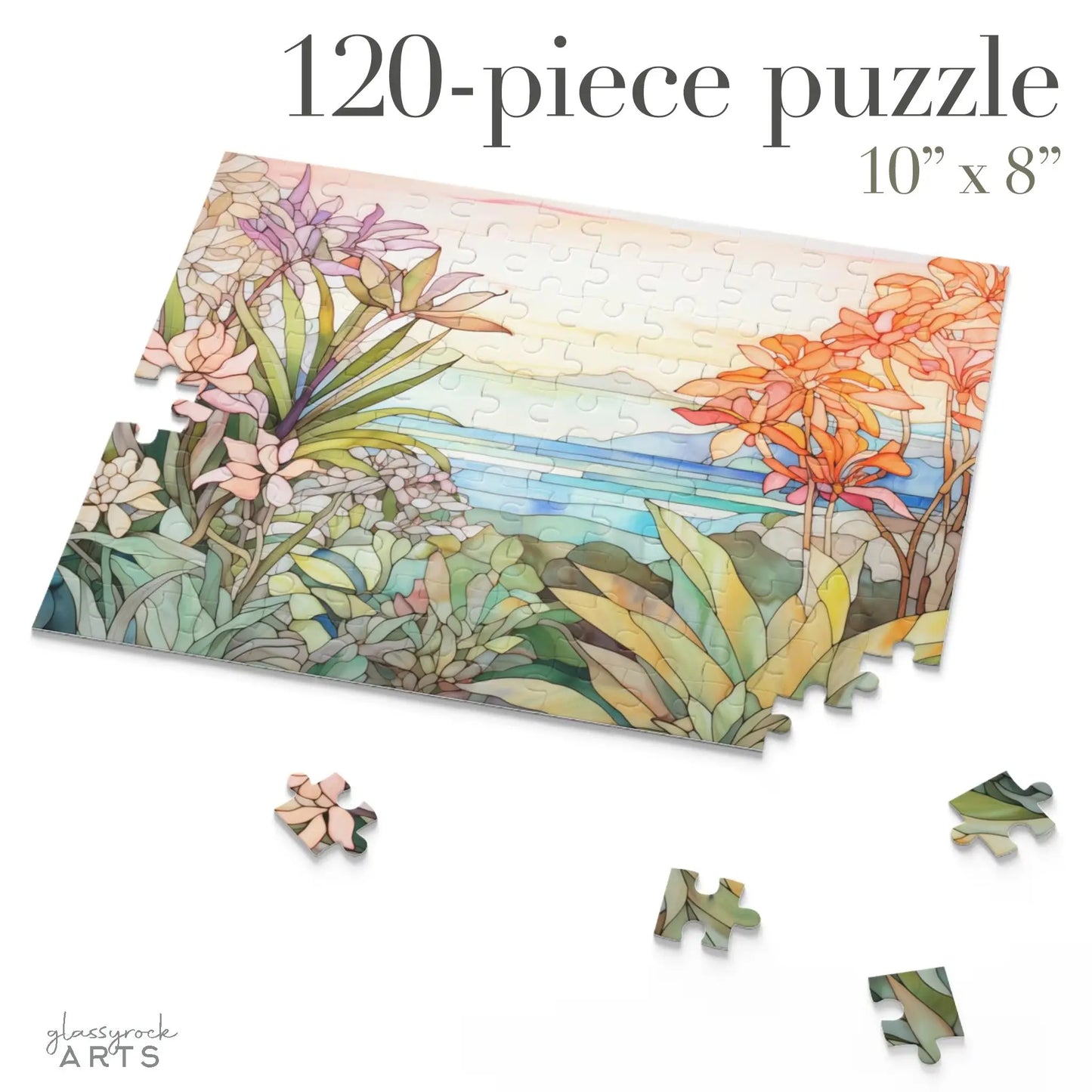 The Tropical Botanicals Jigsaw Puzzle, a 120-piece nearly completed masterpiece measuring 10x8, highlights vivid tropical plants against a distant landscape and is inspired by stained glass design. A few pieces are detached at the bottom right corner.