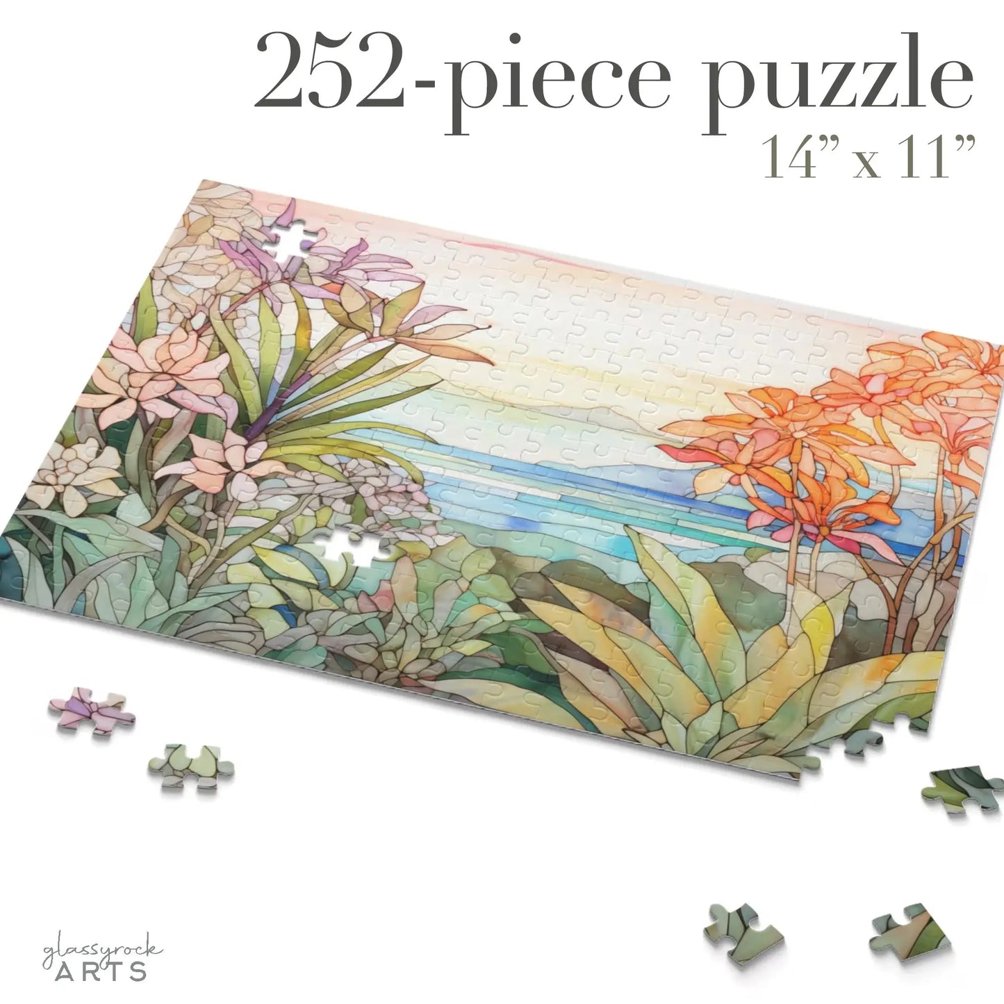 The partially completed Tropical Botanicals Jigsaw Puzzle, a 252-piece set, measures 14 x 11 and showcases a colorful landscape of lush foliage and tropical botanicals with a distant ocean view in watercolor style. Some loose pieces are scattered around.