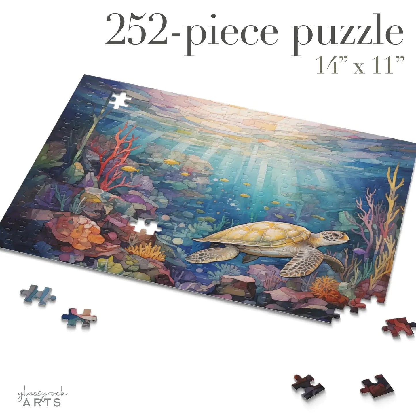 The 252-piece Sea Turtle Reef Jigsaw Puzzle features a vibrant coral and fish scene reminiscent of stained glass. Measuring 14 x 11, it arrives with pieces on a white background, making it an ideal turtle art gift from glassrock ARTS.