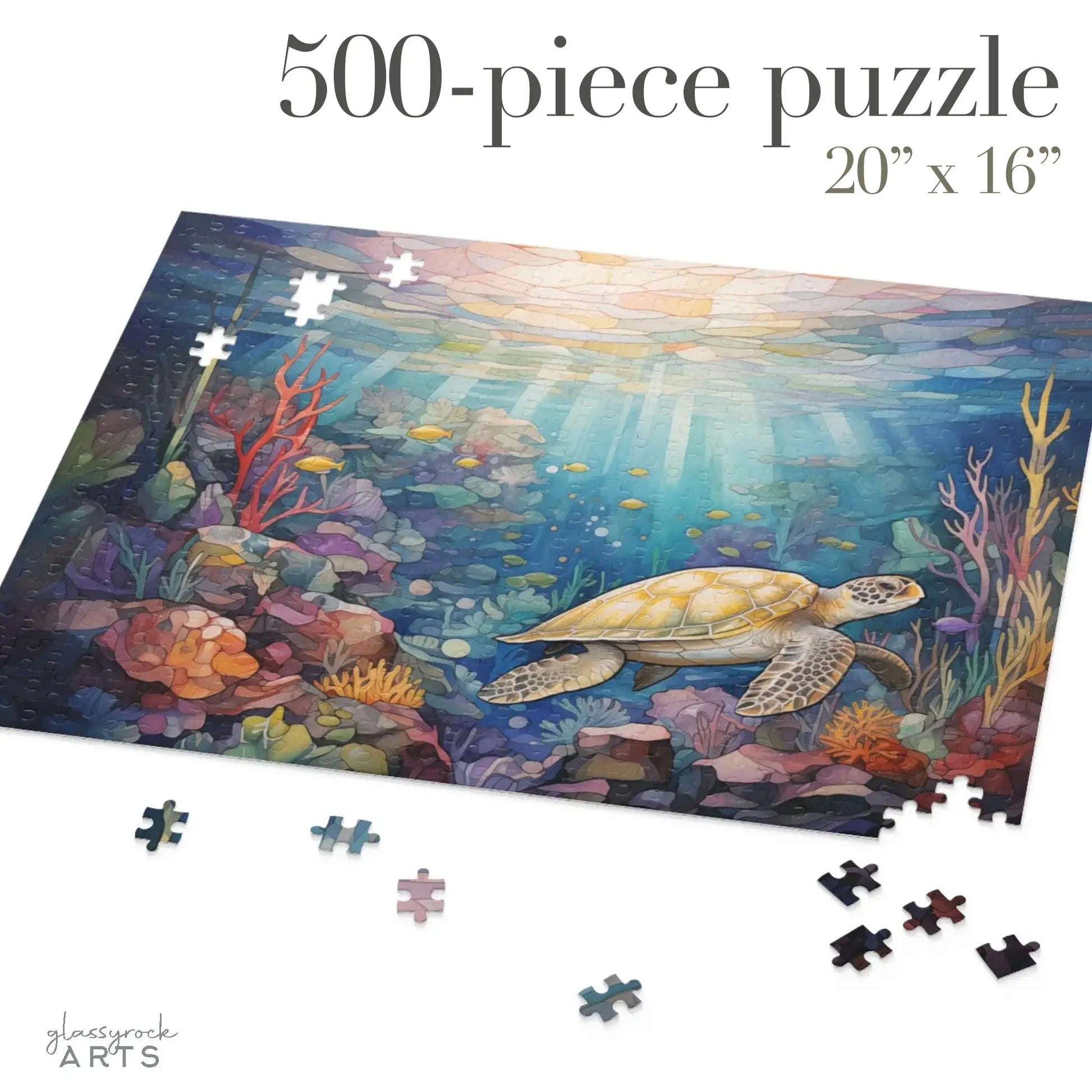 The Sea Turtle Reef Jigsaw Puzzle is a 500-piece, 20 x 16 puzzle showcasing a vibrant underwater scene with a sea turtle among coral reefs. Its an ideal gift for ocean lovers and a unique alternative to stained glass gifts.