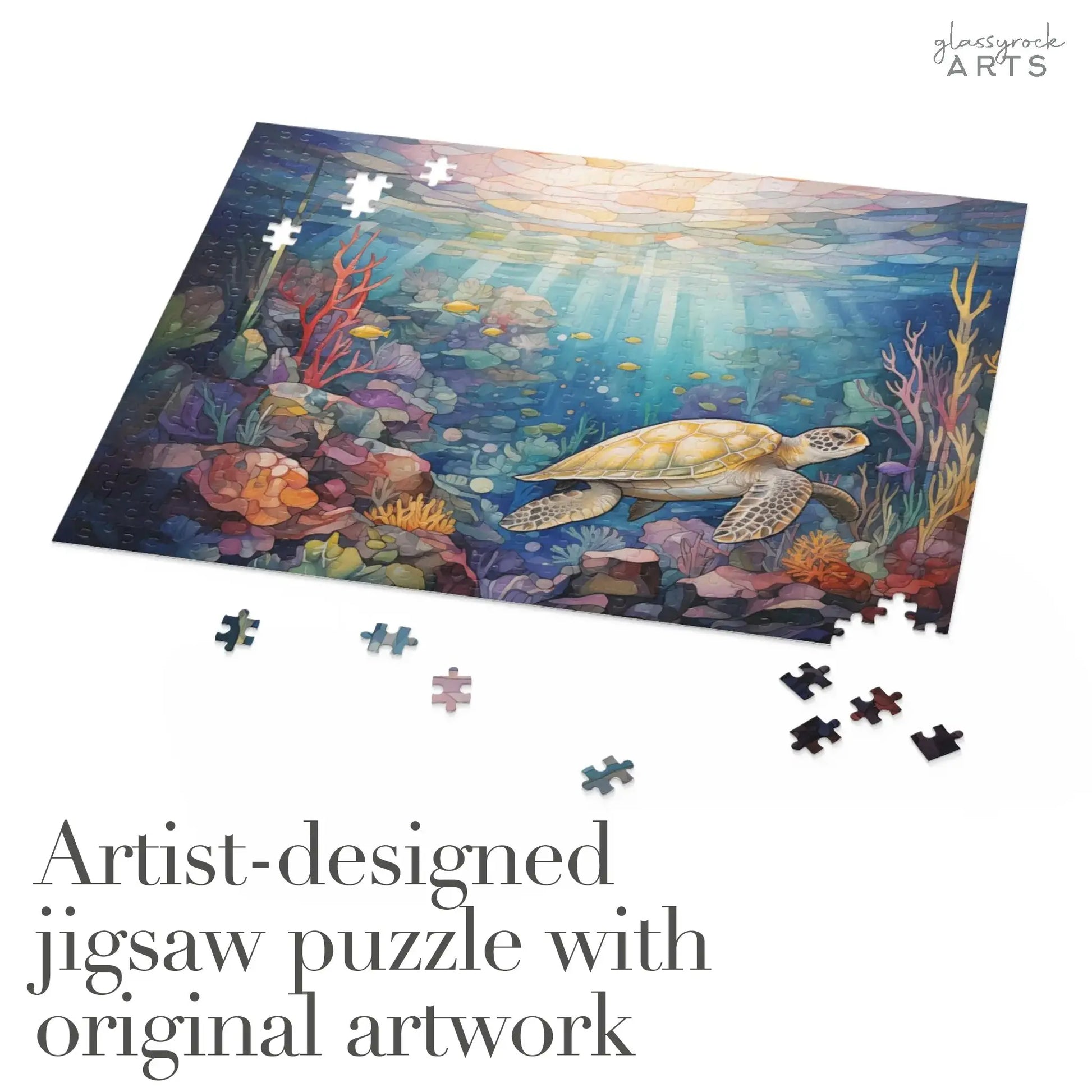 A partially completed Sea Turtle Reef Jigsaw Puzzle showcases an underwater scene with sea turtles, vibrant corals, and sunlight filtering through water. Loose pieces lie around. Its an artist-designed puzzle with original artwork—a perfect stained glass gift for puzzle enthusiasts.