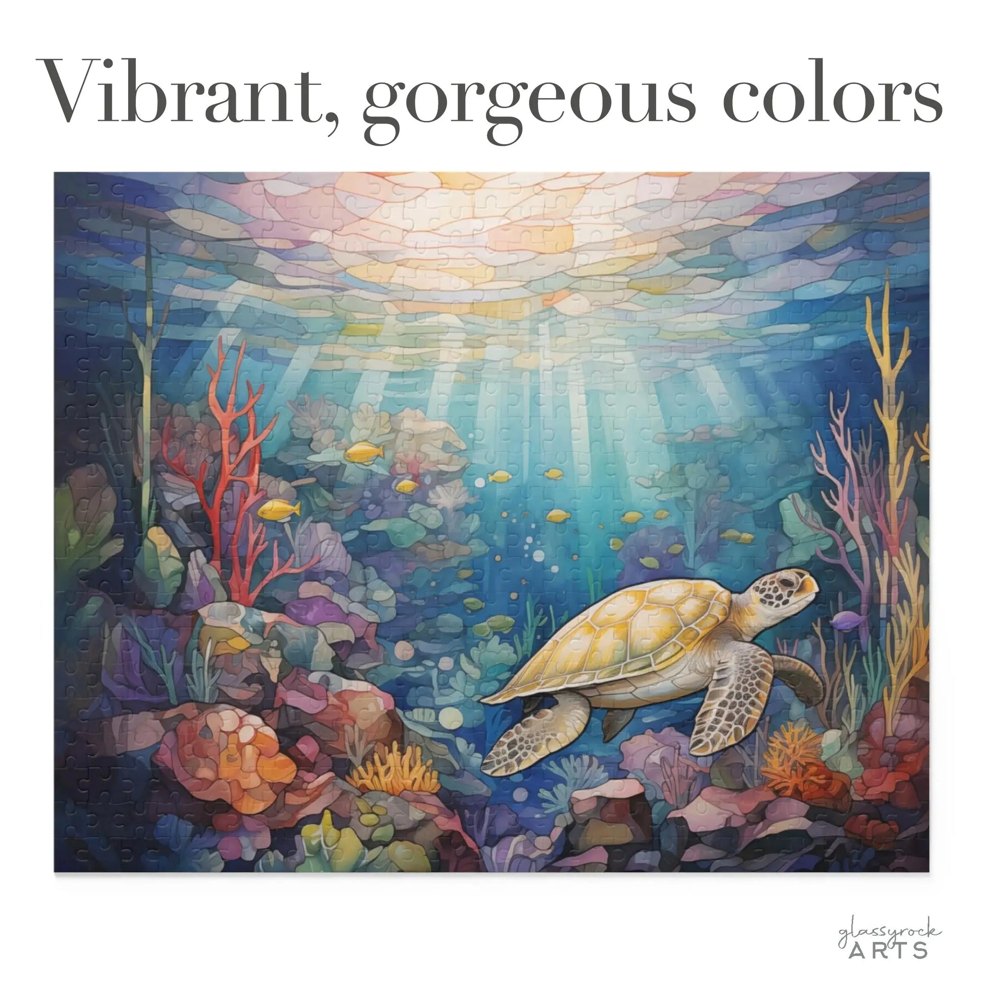 A sea turtle gracefully moves through colorful coral reefs in the Sea Turtle Reef Jigsaw Puzzle, resembling a stained glass gift. Sunlight beams highlight deep blues and vivid hues. At the top, the text reads, Vibrant, gorgeous colors.